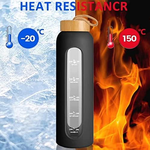 32 oz Glass Water Bottle, Time Marker with Silicone Sleeve & Lid