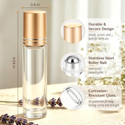 PrettyCare 24 Pack, 10 ml Essential Oil Roller Bottles with Stainless Steel Roller Ball - Refillable Leak-proof Empty Thick Clear Glass Roll on Bottles with Metal Caps for Travel, Perfume - Image 3