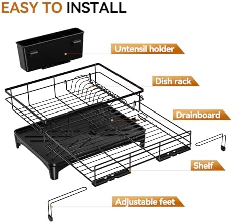 Dish Drying Rack - Expandable Rack, Large Capacity Dish Drainer for Kitchen Counter, Rust-Proof with Utensil Holder, Black