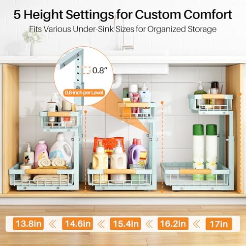 Under Sink Organizer, Adjustable Height, 2 Tier Pull Out Under Cabinet Organizer, Slide Out Thickened Metal Under Sink Storage for Kitchen Bathroom Laundry Pantry Cabinet, Blue, Large-2-Pack
