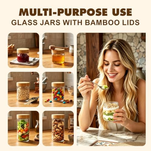 Overnight Oats Containers with Lids, 16oz Glass Jars with Bamboo Lids 6pcs