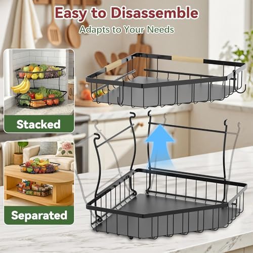 2 Tier Fruit Basket for Kitchen Counter with 2 Banana Hangers for Corner