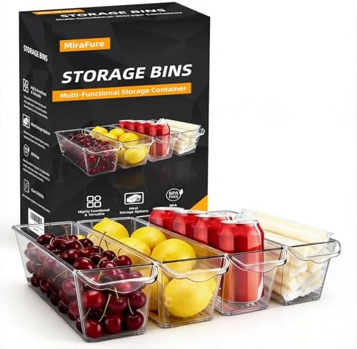 4 Pack Slim Fridge Organizer Bins, BPA Free Clear Refrigerator Storage Containers, Clear Pantry Organization & Cabinet Bins with Handles, Narrow Freezer Bin for Kitchen, Mini Fridge