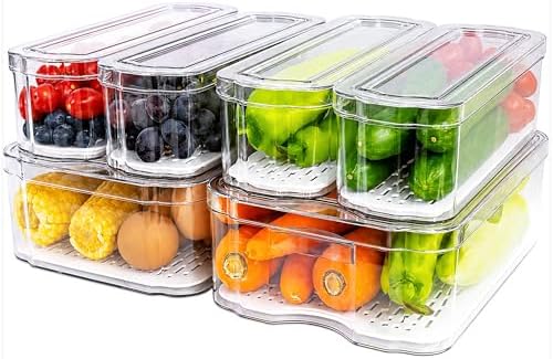6 Pack Clear Fridge Organizer Bins with Drain Trays - Stackable