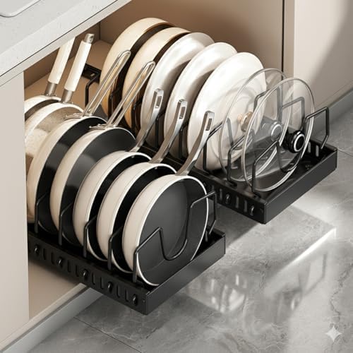 Pots and pans organizer under cabinet,pot lid organizers inside cabinet holders for kitchen,Horizontal and vertical pulling modes,cast iron storage (Black Vertical pull-out)