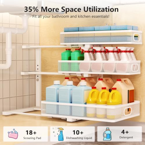3-Tier Under Sink Organizer, Slide Out Drawer Rack, White, 2 Pack