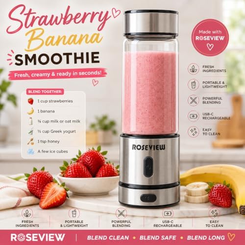 Portable Smoothie blender ROSEVIEW Glass bottle USB rechargeable mini Handheld Ice Shakes Cup 2 blend juicer Cordless Personal smoothies maker Fruit mixer (Steel) (MetallicSteel) - Image 2