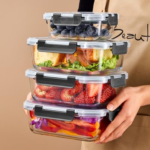 10 Pack Glass Food Storage Containers with Lids, Meal Prep Containers, Airtight Bento Boxes with Leak Proof Locking for Microwave, Oven, Freezer and Dishwasher, BPA Free