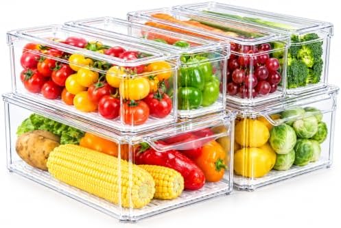 6 Pack Fridge Organizer Bins with Lids, Stackable Clear Storage