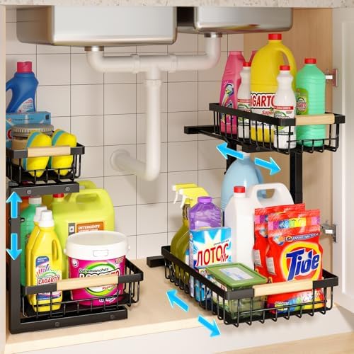 Under Sink Organizer, 2 Pack Height Adjustable Under Sink Organizers and Storage, 2 Tier Pull Out Drawer Cabinet Storage for Kitchen Bathroom