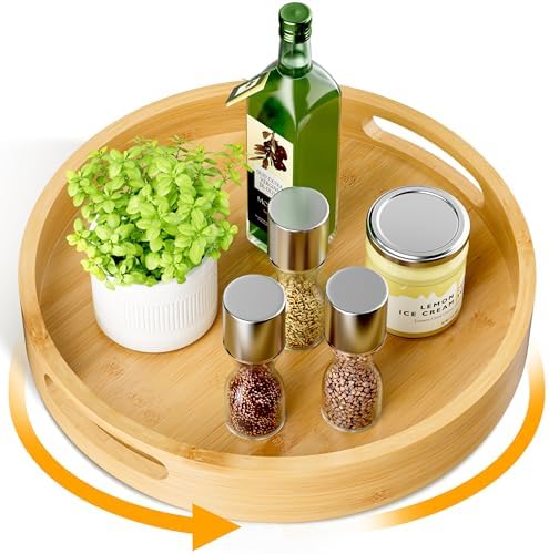 Lazy Susan Organizer 12 Inch Non-Skid Bamboo Lazy Susan for Kitchen Rotating Spice Rack with Handles, Wood Turntable for Kitchen Cabinet,Countertop (Bamboo, Medium)