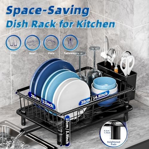 Dish Drying Rack for Kitchen Counter,Stainless Steel,Black