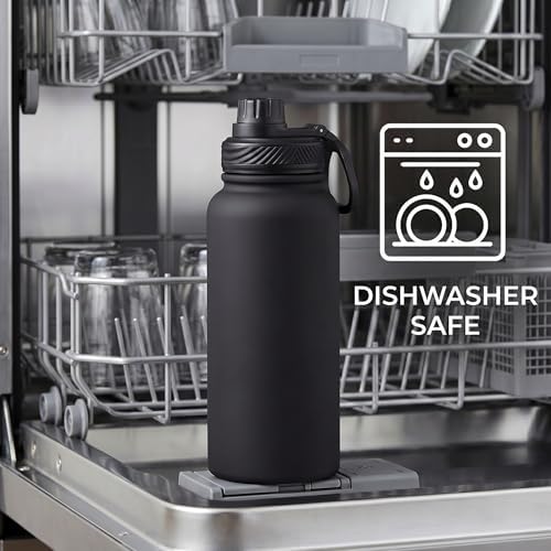 Black 32 oz Insulated Metal Stainless Steel Water Bottle 2 Lids