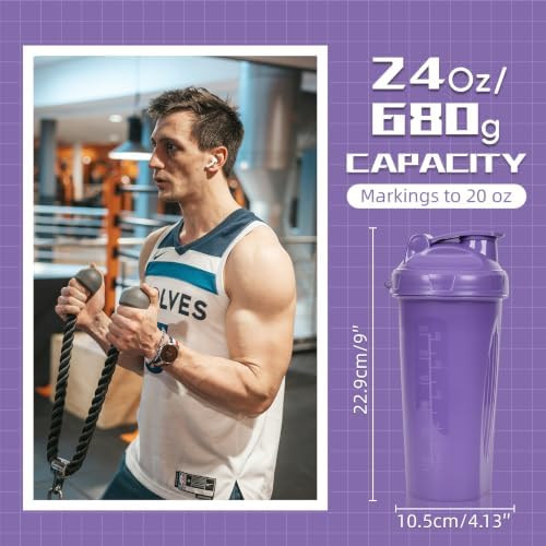 2 Pack Protein Shaker Bottle, 28 oz Protein Shaker Cup with Wire Shaker Ball for Pre Workout, Shake Bottle with Carrying Handle, BPA-Free & Dishwasher Safe (Pink, Purple) - Image 2