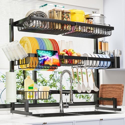 Over The Sink Dish Drying Rack (Expandable Height and Length) Snap-On Design 2 Tier Large Dish Rack 31-39.4L x 12W x 34-38H inches