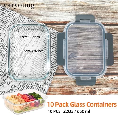 Glass Meal Prep Containers 10 Pack 22Oz with Airtight Lids Grey