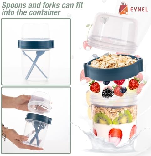 4 Pack Breakfast 22 oz On The Go Cups with Lids and Spoon, Reusable Cereal Yogurt Cup with Topping Plastic Overnight Oats Container for Granola Oatmeal (22 oz - 4 Pack)