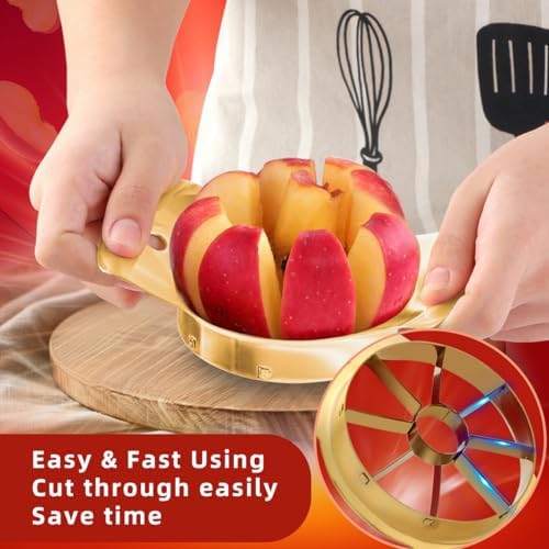 Fruit Slicer, 304 Stainless Steel Fruit Cutter 8 Slices, Corer for Fruits & Vegetables, Ergonomic Handle Easy Grip Pears Divider, Sturdy and Sharp, Dishwasher Safe (Gold)