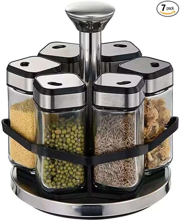 Rotating Spice Rack Organizer with 6 Glass Jars, Stainless Steel & Black Metal Stand, Space-Saving Countertop Spice Carousel, Modern Seasoning Storage Set for Kitchen, Home & Restaurant