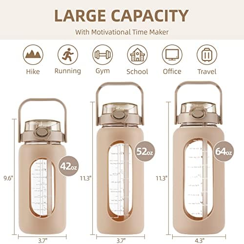 64 oz Glass Water Bottle with 2-in-1 Straw Lid Large Half Gallon Water Bottle with Time Marker & Removable Silicone Sleeve,Wide Mouth BPA-Free Borosilicate Bottle for Gym, Workout & Daily Use