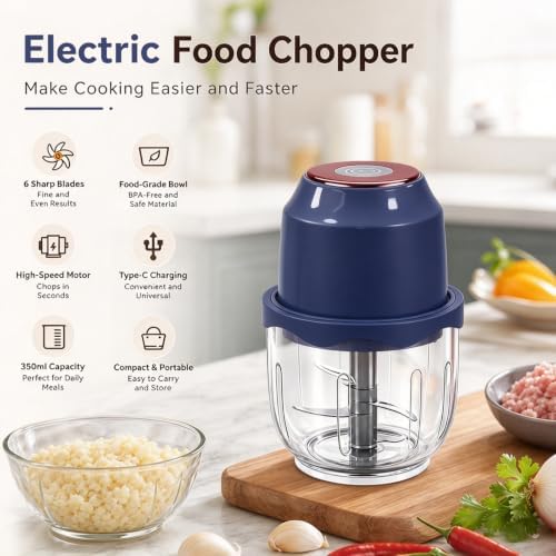 350ML Electric Garlic Meat Grinder, Wireless USB Rechargeable Food Chopper, 6-Blade High-Speed Chopper, Mini Convenient Kitchen Mixer for Garlic and Meat (Blue) - Image 4