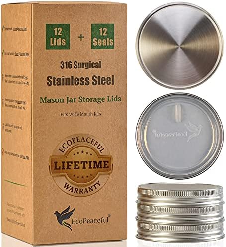 316 Surgical Stainless Steel Mason Jar Lids WIDE Mouth - Rust-proof, Airtight, Leak-proof, BPA-Free, PVC-free, Vegan, Reusable - Not for Canning