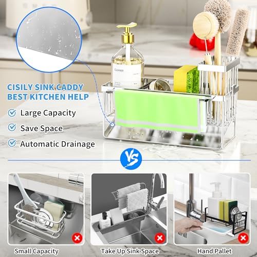 Kitchen Sink Caddy Organzier with High Brush Holder, Sponge Holder for Sink, 304 Rustproof Stainless, Kitchen Countertop Soap Dispenser Organizer (Silver With Towel Rack, 9.25″)