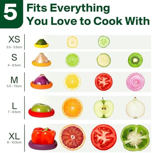 5pc Reusable Silicone Food Savers | BPA Free | Plastic Free Food Storage | Dishwasher Safe | Fruit & Vegetable Storage for Onion, Tomato, Lemon, Banana & Cans | Round, Autumn Harvest