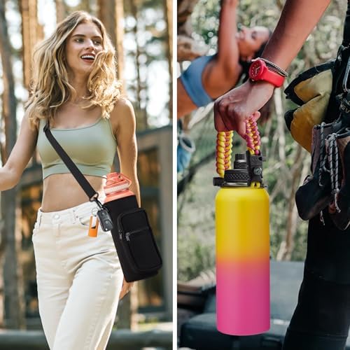 32/40/64OZ Insulated Water Bottle - Keep Cold 48H Hot 24H, Combo Straw/Spout Lids, Paracord Handle for Gym/Hiking, Carrier Bag +Strap, Cup Mat, BPA-Free Stainless Steel Flask Jug