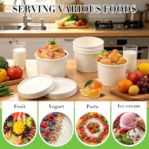 Wuadua 12 oz Disposable White Paper Soup Containers with Lids- 50 Pack - Image 3