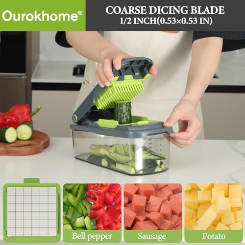 Vegetable Chopper Cutter with Container, Manual Hand Food Veggie Dicer with 2 Chopping Blades for Potato Strips, Onion Cubers, Carrot Sticks, Essential Kitchen Gadgets (2 in 1, Gray)