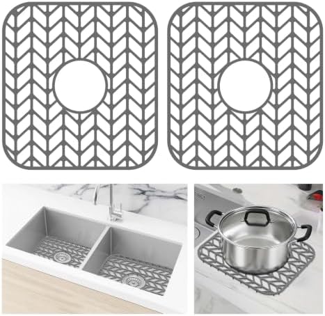 Silicone Sink Protectors for Kitchen Sink, 12" x 11" Mat for bottom of sink, Center Drain Hole, Protect from Stains, Scratches, Dishwasher Safe Grid for Kitchen (2 Pack, Gray)