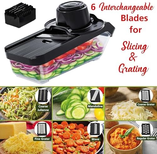 Brentwood All-in-One Food & Vegetable Chopper, Mandoline Slicer, and Cheese Grater with 4.25-Cup Storage Container and 8 Interchangeable Stainless Steel Blades (Black) - Image 4