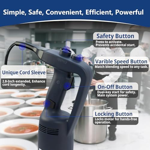 500W Commercial Immersion Blender, 16" SUS 304 Removable Shaft, Heavy Duty Power Hand Mixer with Variable Speed 6000-20000RPM, Professional Electric Stick Blender for Restaurant Kitchen Use.