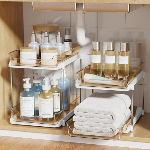 2-Tier Multi-Purpose Bathroom Under Sink Organizers and Storage, Stackable Kitchen Pantry Organization, Pull Out Medicine Cabinet Organizer with Movable Dividers, Amber, 2 Pack