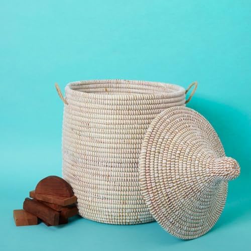 Small White Basket with Lid, African Woven Wicker Basket, Handwoven in Senegal, 12" W x 14" H