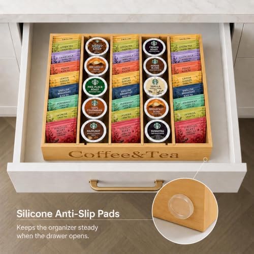 Premium Bamboo Coffee Station & Tea Bag Organizer Box -7 Adjustable Slots with Removable Dividers, Silicone Non-Slip Pads - Eco-Friendly Countertop & Drawer Storage for K-Cups, Office Breakroom