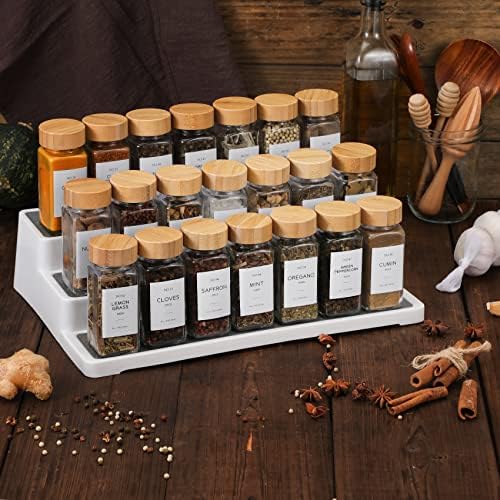 36 Pcs Glass Spice Jars with Bamboo Lids, 4 oz Glass Jars with Minimalist Farmhouse Spice Labels Stickers, Collapsible Funnel, Seasoning Storage Bottles for Spice Rack, Cabinet, Drawer