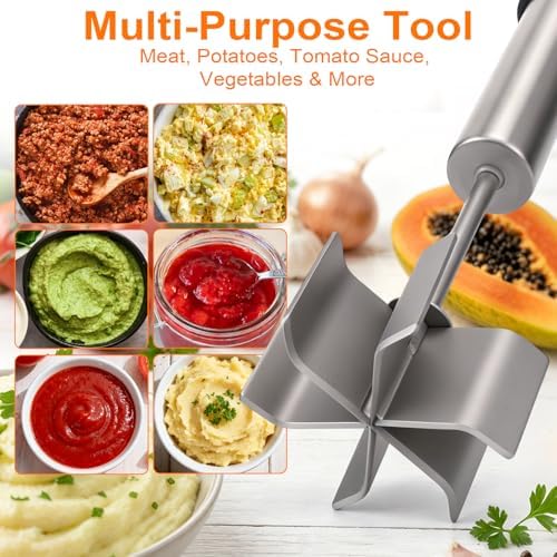 Stainless Steel Meat Chopper with 6 Wide Blades, Heavy Duty Ground Beef Masher & Meat Smasher Tool, Heat Resistant Silicone Handle Hamburger Smasher for Cast Iron & Metal Pans