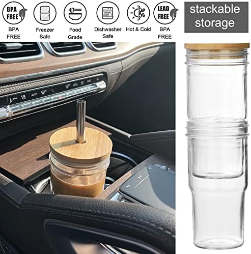 4-Pack Glass Cups with Bamboo Lids and Straws, 22oz Mason Jar Glass Tumbler, Reusable Boba Cups, Iced Coffee Drinking Glasses for Bubble Tea, Smoothies, Juice - 2 Cleaning Brush