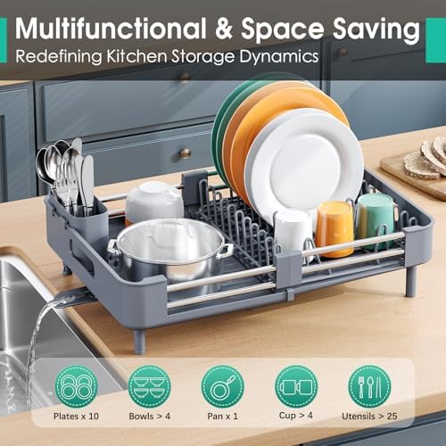 Expandable Dish Drying Rack for Kitchen Counter, Standard, Grey