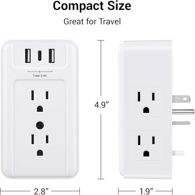 Clear Power Multi Plug Outlet Extender, 6-Outlet Splitter with 3 USB Ports (1x USB-C), 3-Sided Power Strip USB Wall Charger for Home & Office, White, DC3S-1006-DC