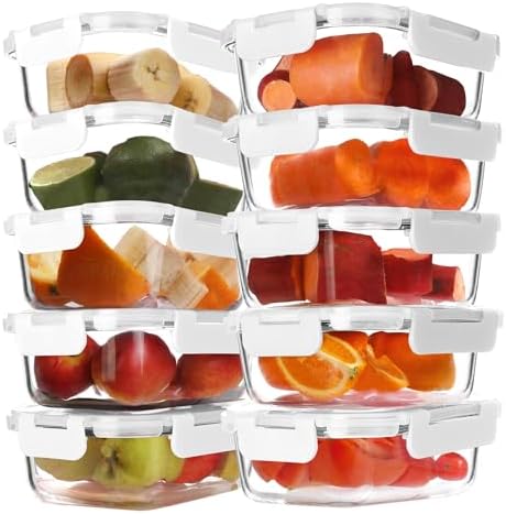 10 Pack 22 oz Glass Meal Prep Containers, Glass Food Storage Containers with Airtight Lids, BPA-Free, Freezer and Microwave Safe, White