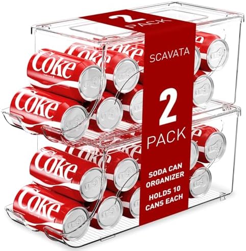 2 Pack Stackable Refrigerator Organizer, Soda Can Dispenser Pop Cans Container Beverage Holder with Lid for Fridge, Freezer, Kitchen, Clear Plastic Storage Bins-Holds 10 Cans Each
