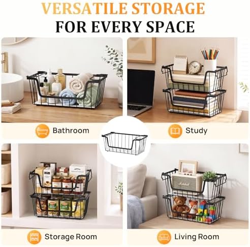 Stackable Storage Bins 4 Pcs Wire Baskets Freezer Organizer, Black
