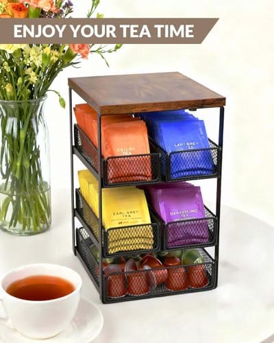 Tea Bag Organizer with 5 Drawers, Wooden & Metal Tea Storage Organizer for TeaBags, Coffee Pods, Creamers & Sugar – Countertop Tea Bag Holder for Coffee Bar and Kitchen, Space-Saving Tea Storage Rack