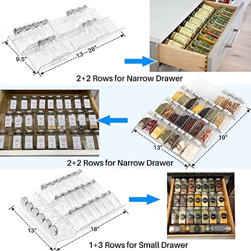 Spice Drawer Organizer, 4 Tier- 8 Pack Kitchen Spice Rack Tray for Drawer, Expandable From 13" to 26" Acrylic Seasoning Organizer Rack Holds up 56 Spice Jars (Jars not Include)