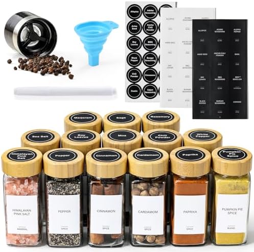 14 Pcs Spice Jars with Bamboo Lids - 4oz Square Spice Bottles with Spice Labels, Shaker Lids, Funnel
