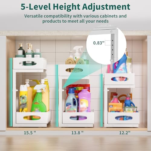 Under Sink Organizer, 2 Pack 2 Tier Metal Slide Out Pull Out Cabinet Organizer Shelf, Height Adjustable Organization and Storage Series, Bathroom/Desktop/Cabinet/Kitchen organization, White