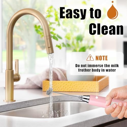 Pink Milk Frother Wand for Coffee, Frother Handheld Rechargeable Electric Whisk with 3 Heads 3 Speeds Drink Mixer Coffee Frother Foam Maker For Latte, Cappuccino, Hot Chocolate, Egg